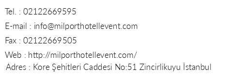 Milport Hotel Levent telefon numaralar, faks, e-mail, posta adresi ve iletiim bilgileri